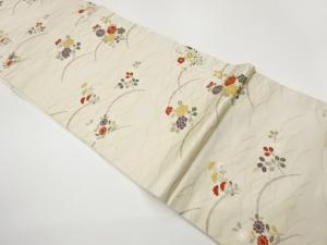 雪芝に秋草模様織出し開き名古屋帯（額縁仕立て）